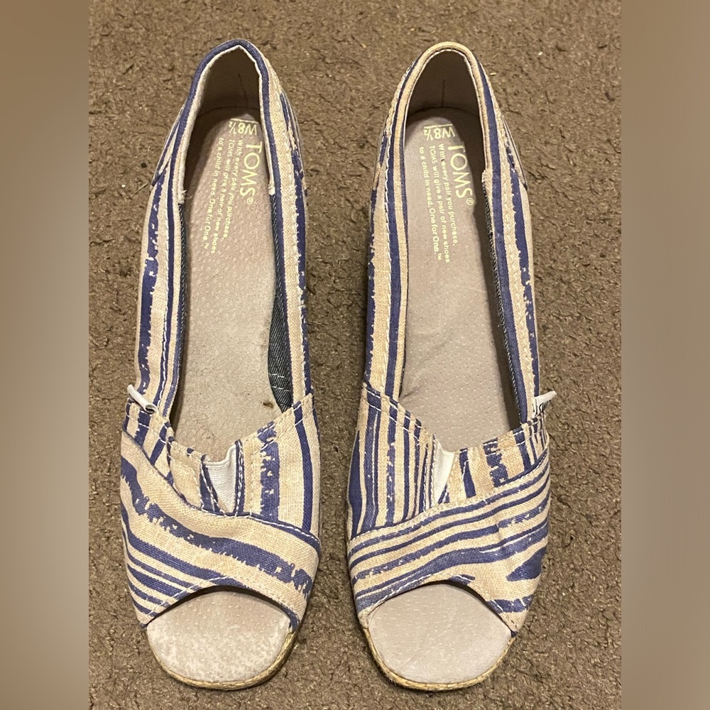 Toms White Blue Stripe Canvas Rope Peep-Toe Wedges Womens Size 8.5